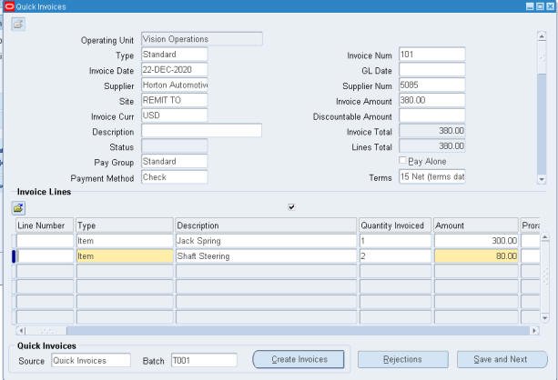 sample invoice loaded in oracle
