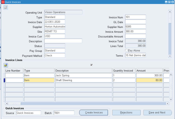 sample invoice loaded in oracle